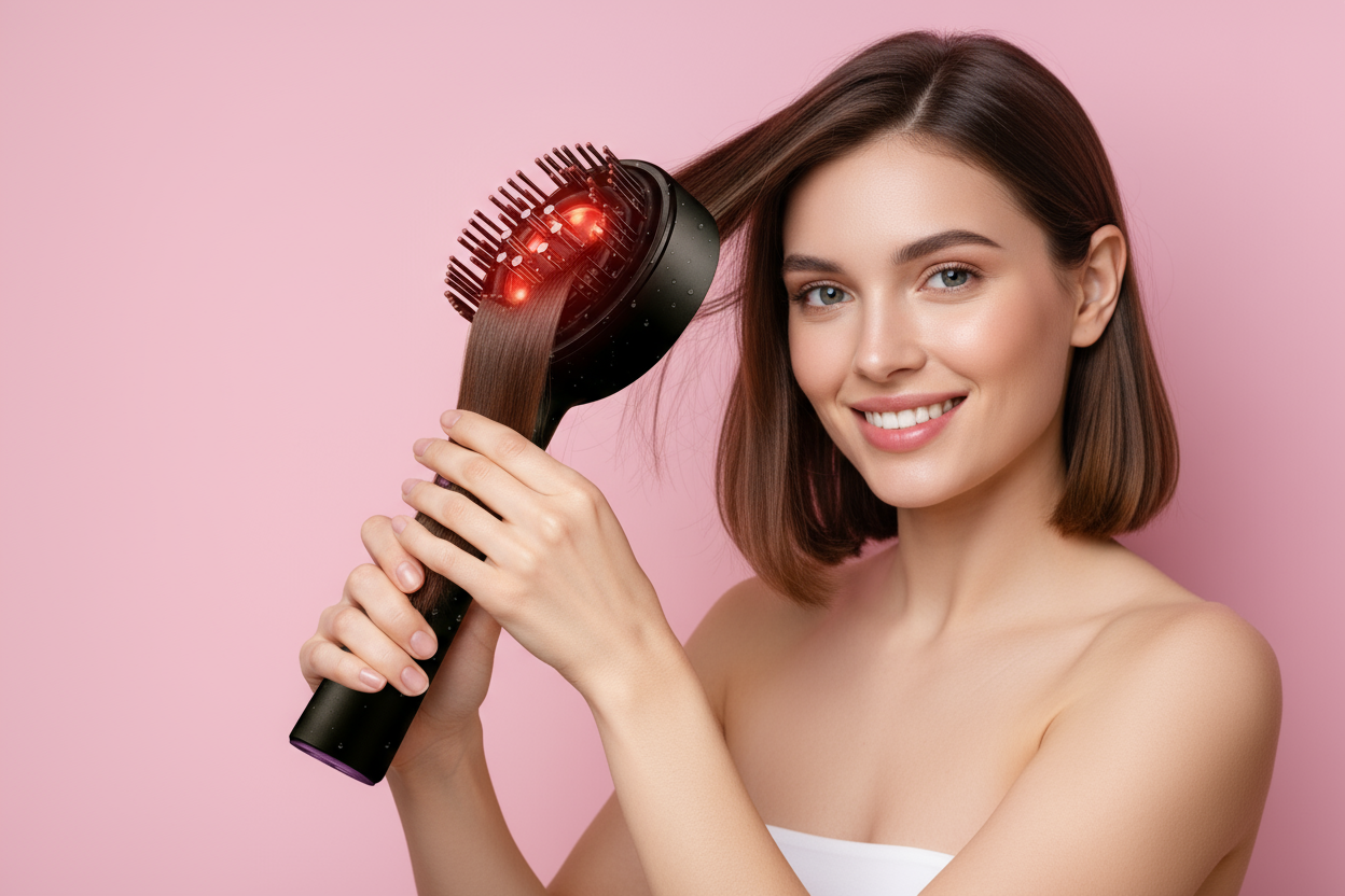 Modelo usando secador de cabelo com tecnologia de luz