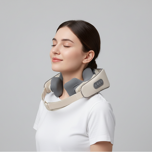 Mulher usando massageador de pescoço