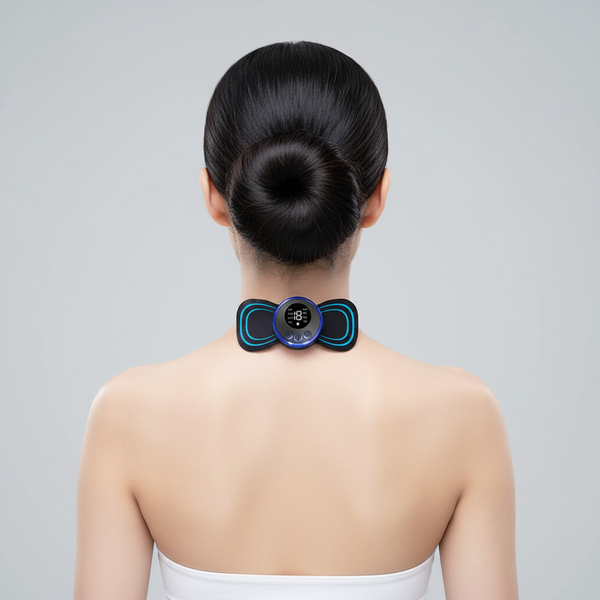 Mulher usando massageador no pescoço